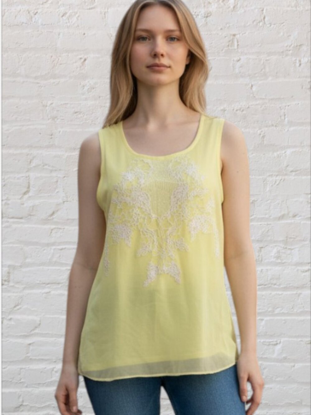 PO PORI -- Yellow Cotton T-Shirt with Embroidered Accents in White, NWT